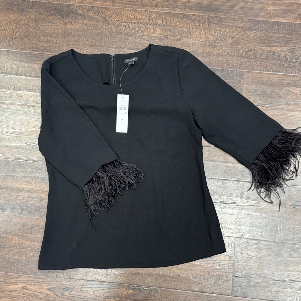 Ann Taylor Elegant Black Feather Trim Top 4